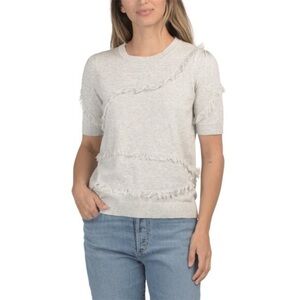 Edinburgh Knitwear - Pima Cotton Fringe Short Sleeve Sweater - Cloud Grey